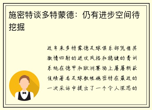 施密特谈多特蒙德：仍有进步空间待挖掘