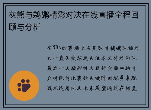 灰熊与鹈鹕精彩对决在线直播全程回顾与分析