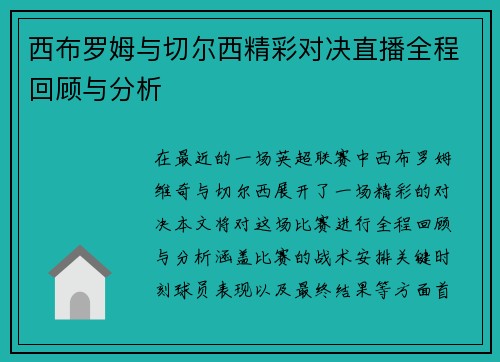 西布罗姆与切尔西精彩对决直播全程回顾与分析
