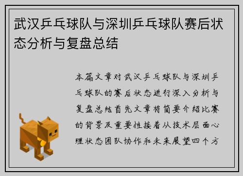 武汉乒乓球队与深圳乒乓球队赛后状态分析与复盘总结