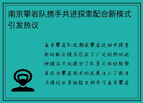 南京攀岩队携手共进探索配合新模式引发热议
