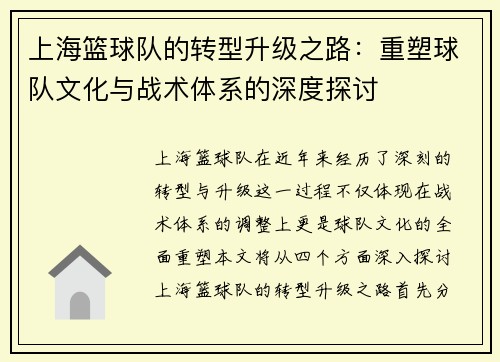 上海篮球队的转型升级之路：重塑球队文化与战术体系的深度探讨