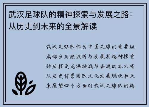 武汉足球队的精神探索与发展之路：从历史到未来的全景解读